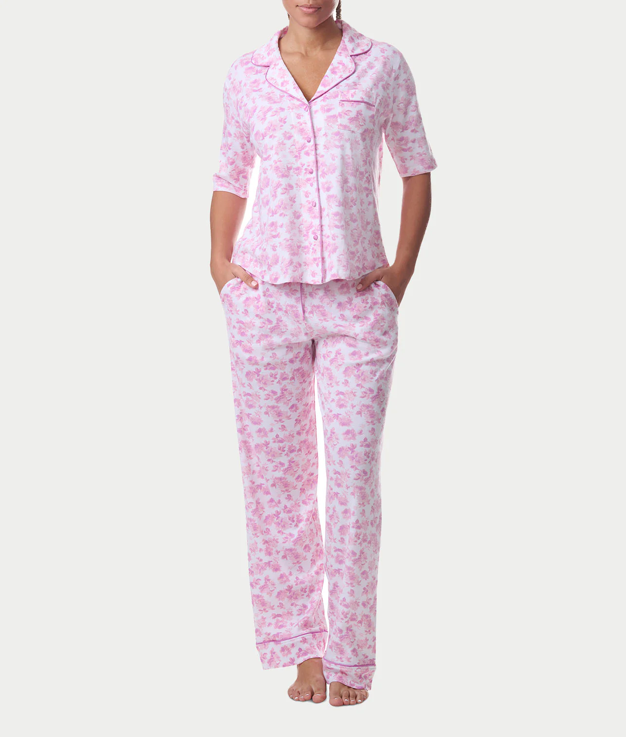 Notch Collar Elbow Sleeve Pajama Set - Image 18