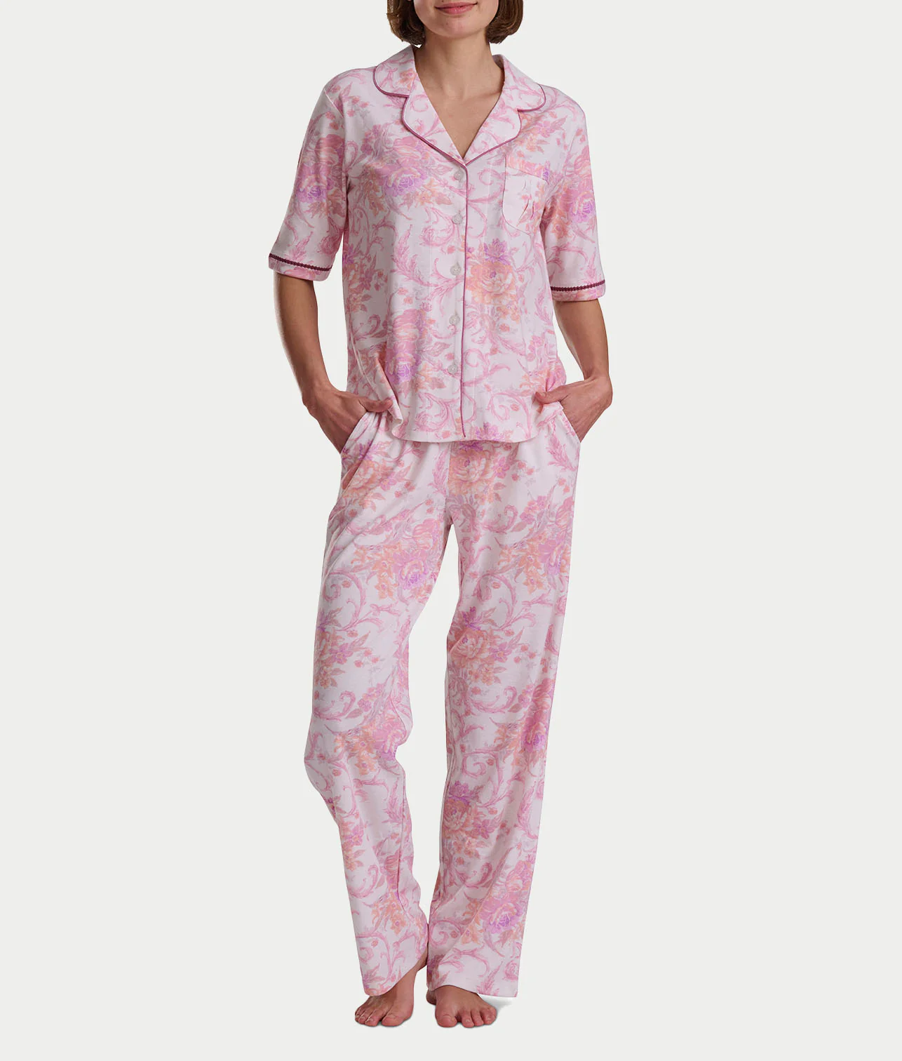 Petite Romantic Fields Notch Collar Pajama Set with Lace - Image 4