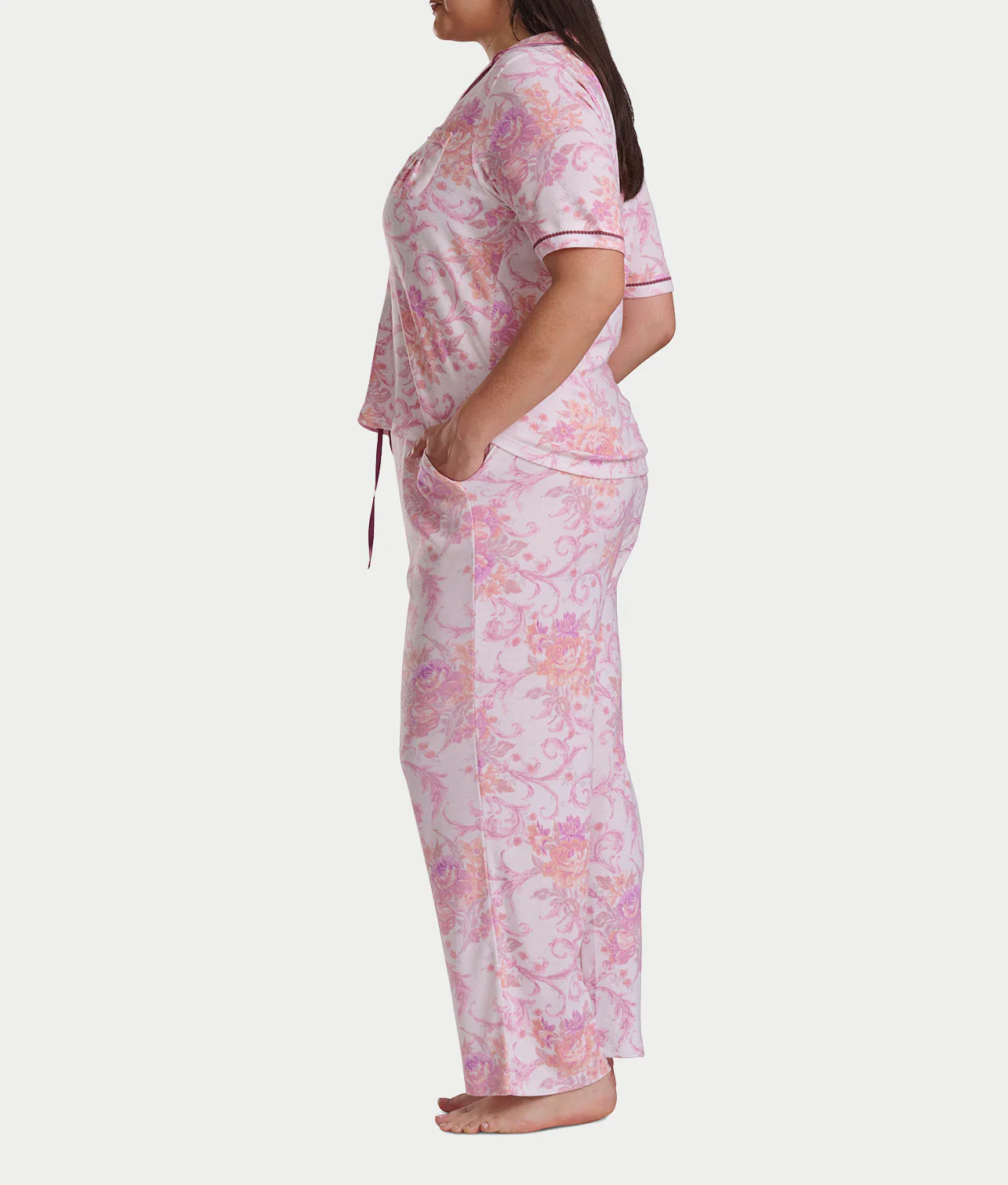 Plus Size Romantic Fields Notch Collar Pajama Set with Lace - Image 3
