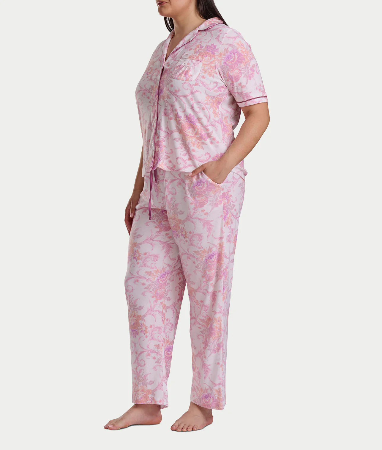 Plus Size Romantic Fields Notch Collar Pajama Set with Lace - Image 4