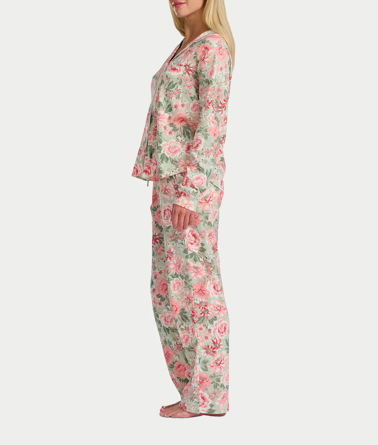 Vintage Dreams Long Sleeve Notch Pajama Set With Picot Trim - Image 3