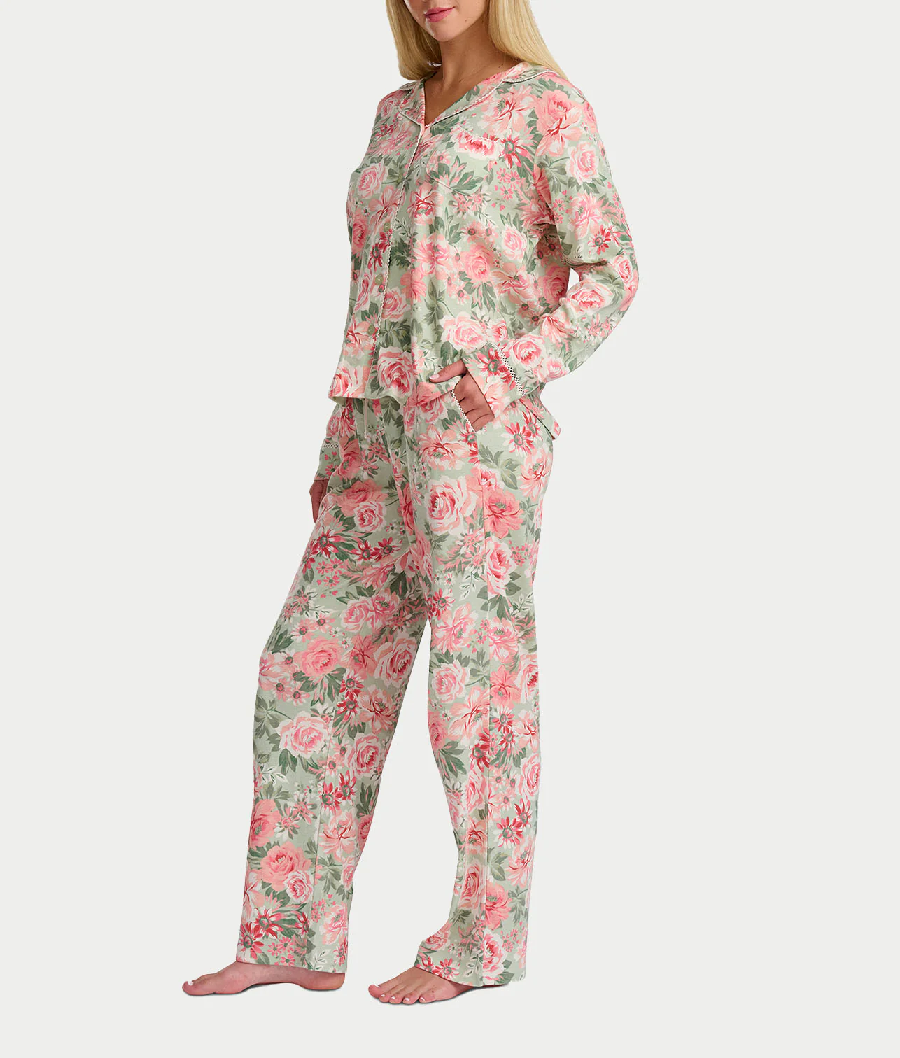 Vintage Dreams Long Sleeve Notch Pajama Set With Picot Trim - Image 4