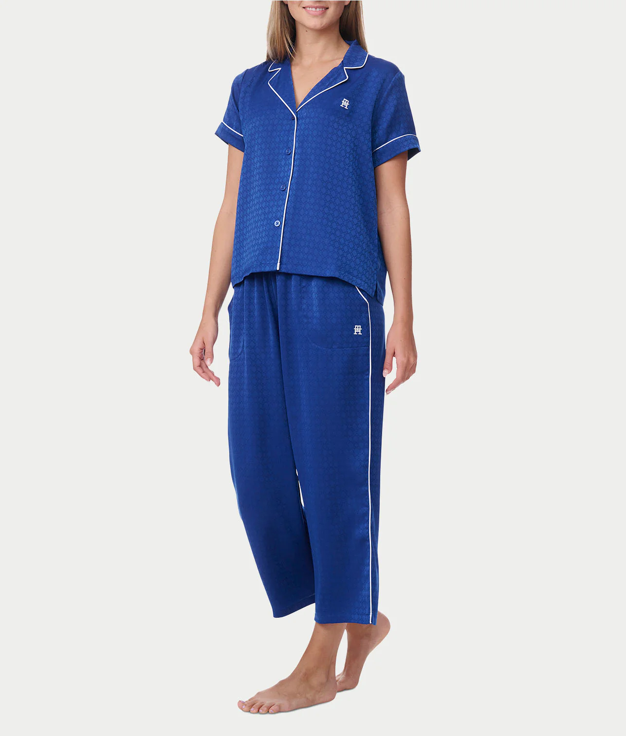 Notch Collar Cropped Woven Pajama Set - Image 10