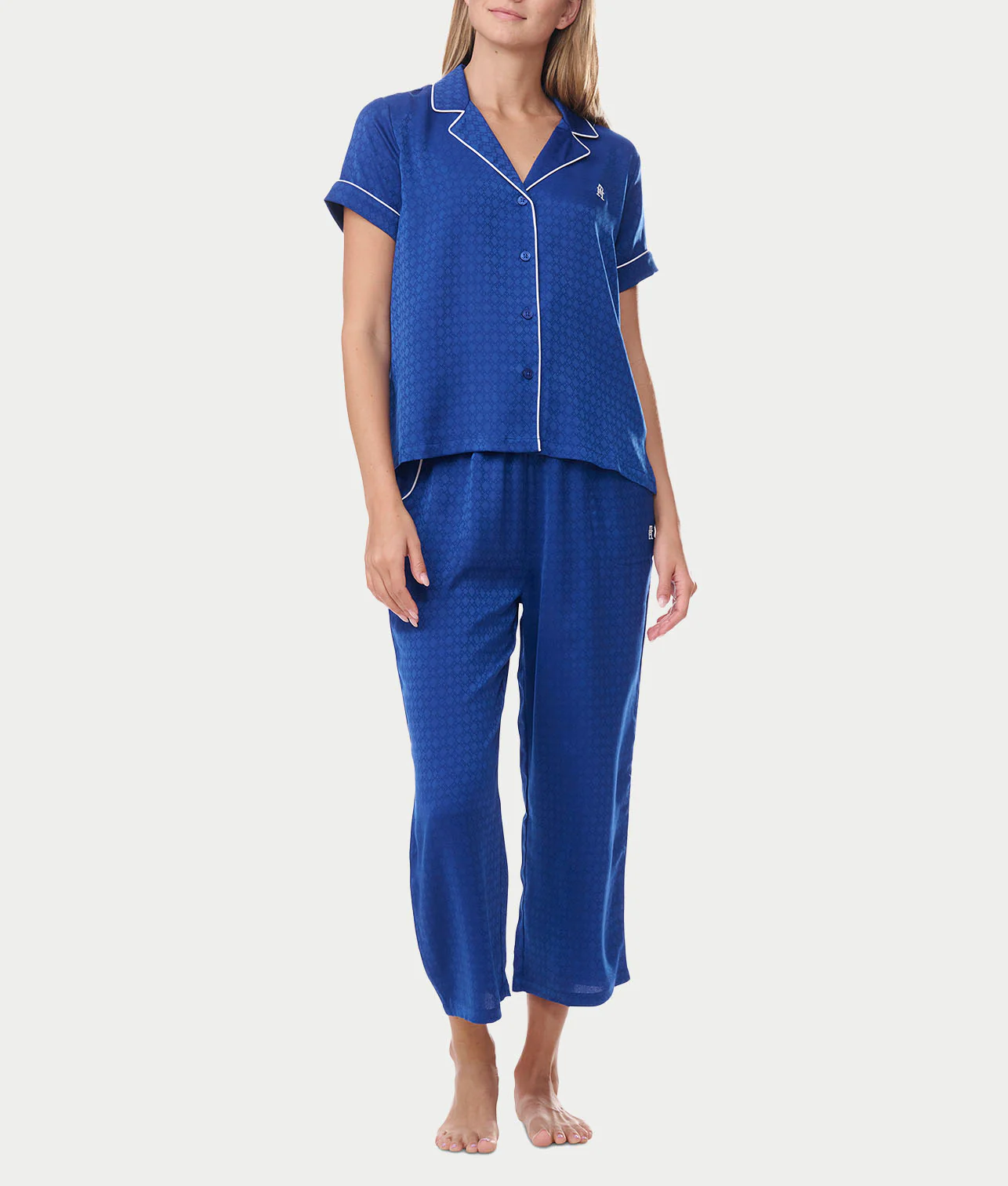 Notch Collar Cropped Woven Pajama Set - Image 11
