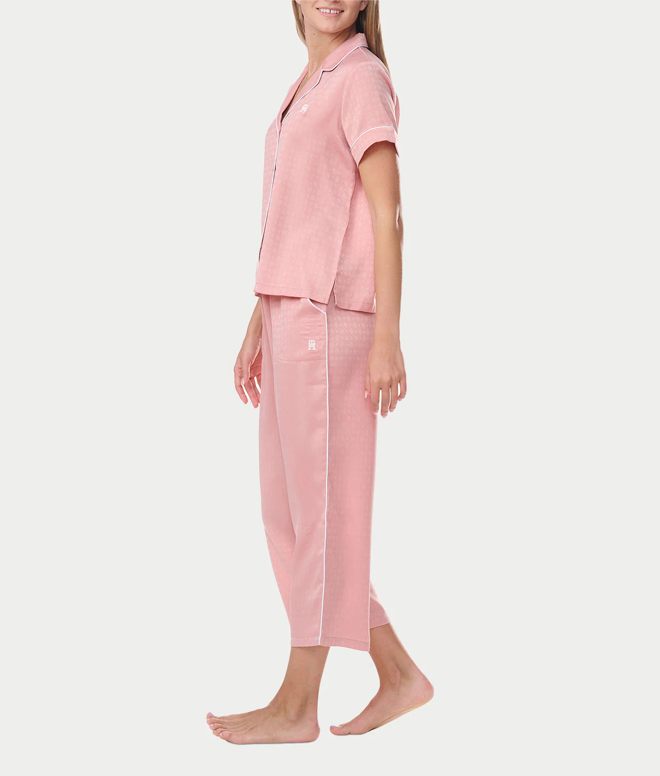Notch Collar Cropped Woven Pajama Set - Image 3