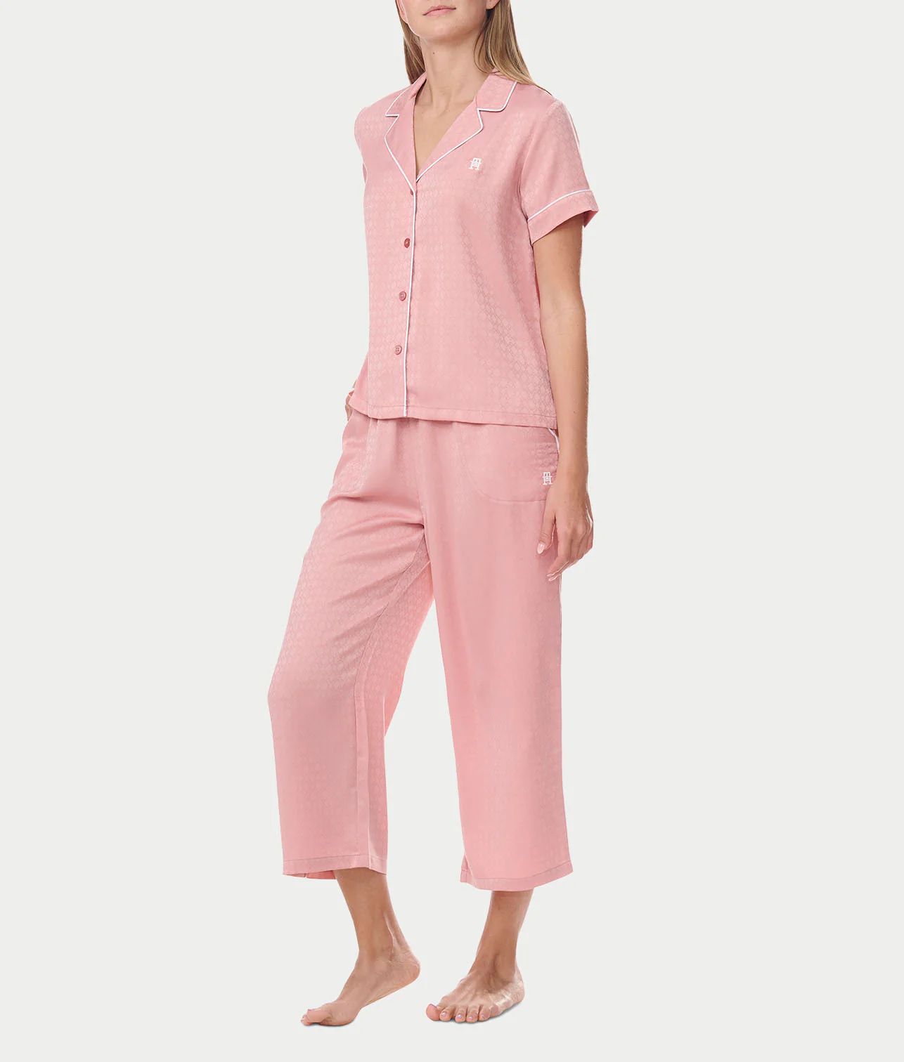 Notch Collar Cropped Woven Pajama Set - Image 4