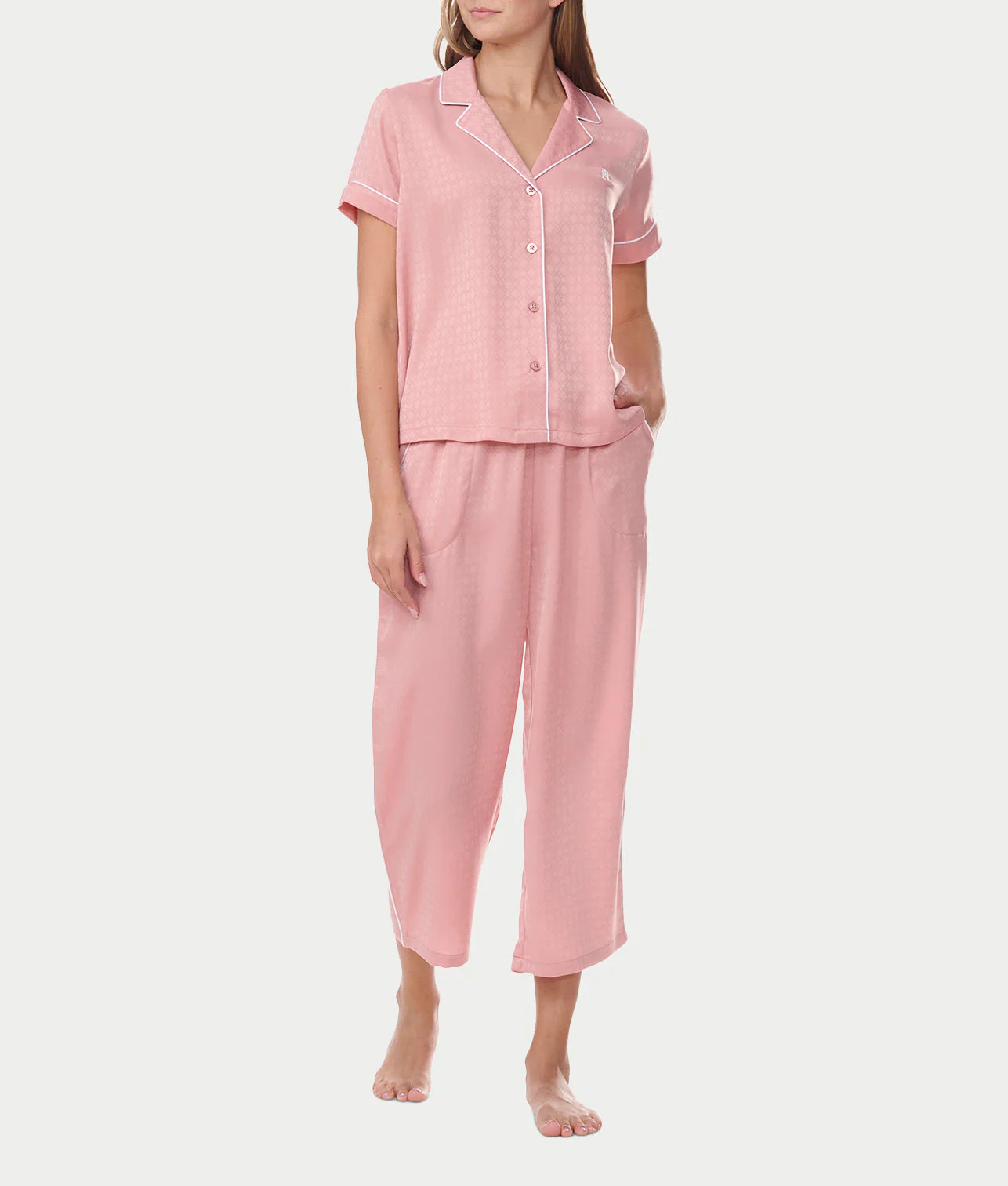 Notch Collar Cropped Woven Pajama Set - Image 5