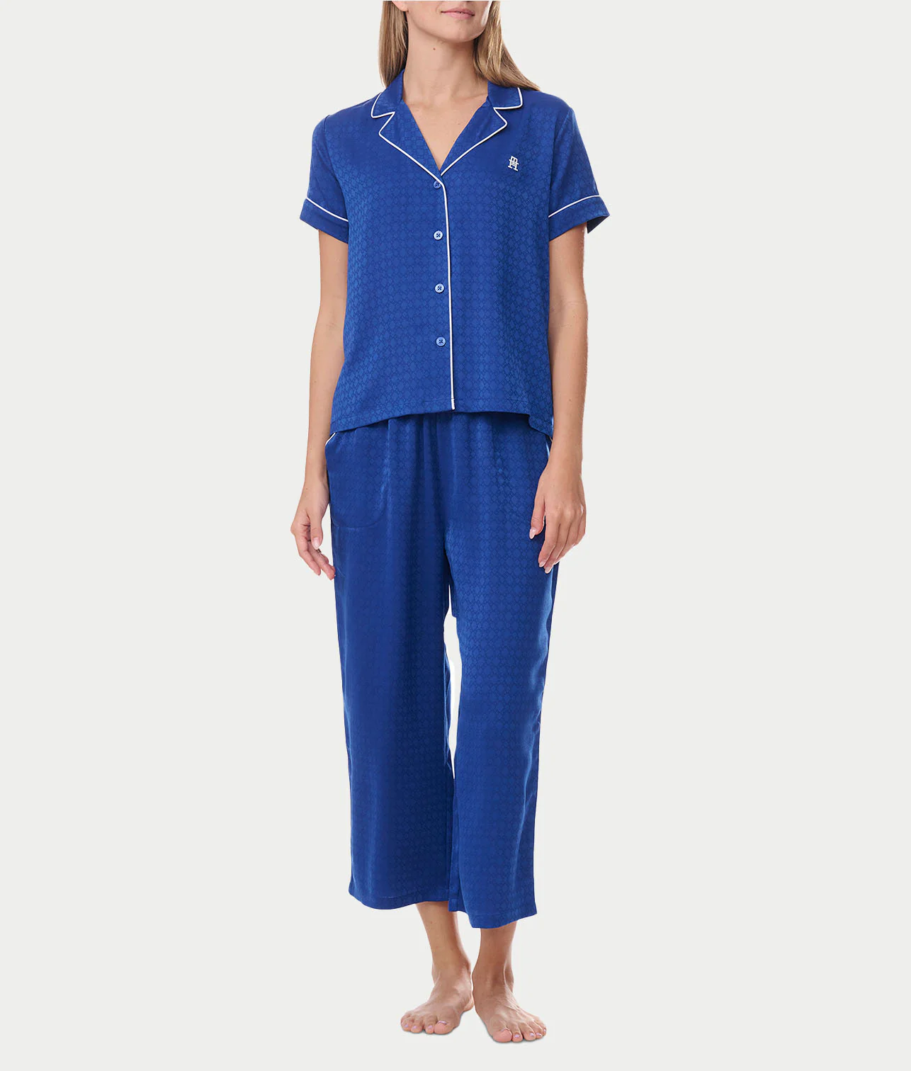 Notch Collar Cropped Woven Pajama Set - Image 7