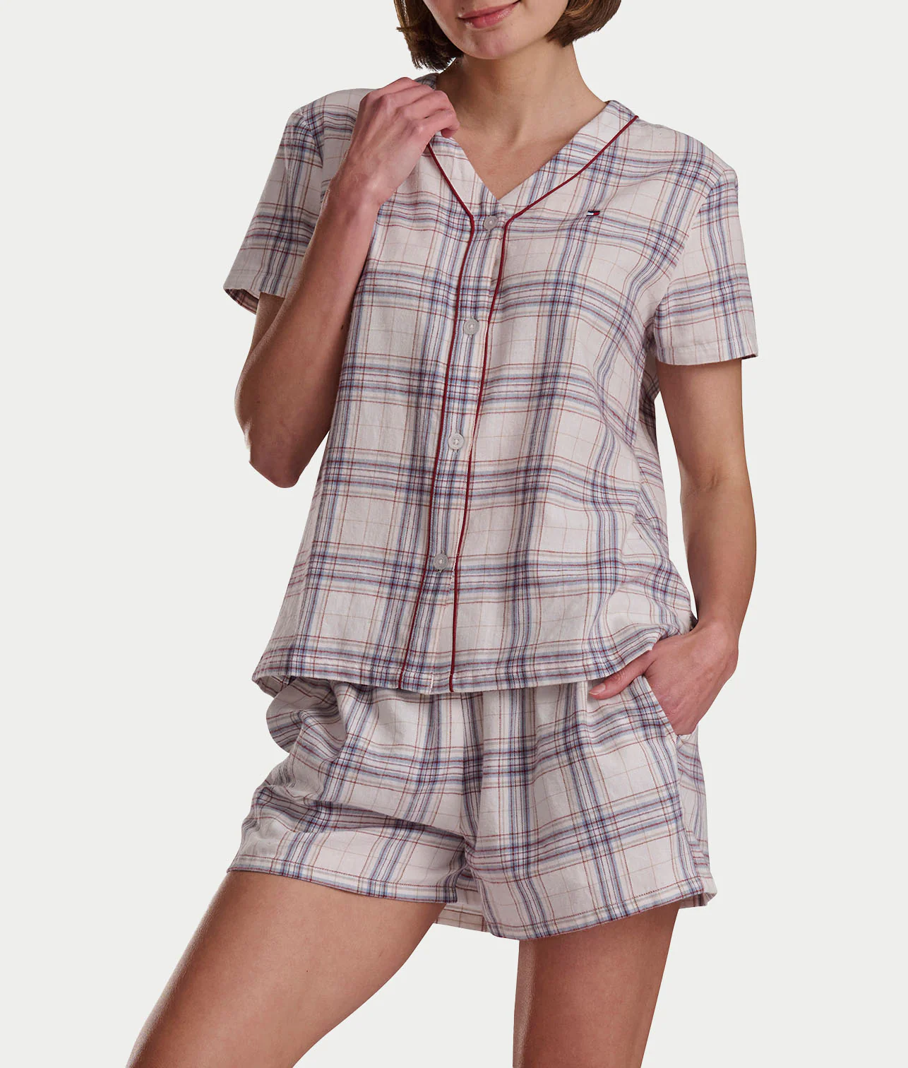 Short Sleeve Woven Plaid Boxer Pajama Set - Image 4